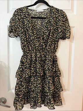 Pueple Snow M  Black Mini Dress with Yellow Floral Print